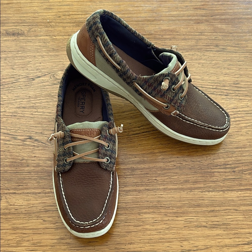 Sperry Women’s 3-Eye Brown, Tan, Khaki Plaid Leather Boat Shoes Sz 7-7.5